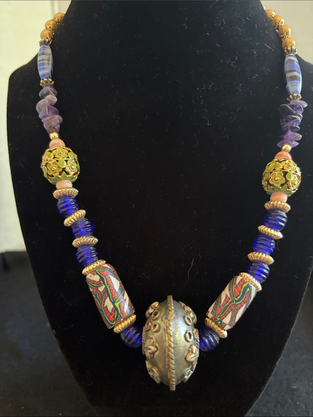 Boho Blue toned Statement semiprecious Beaded Necklace